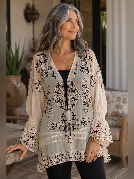 Hale Bob Tops - Hale Bob Silk Sheer Lace-Up Tunic M Cream Black Romantic Boho 70% Silk